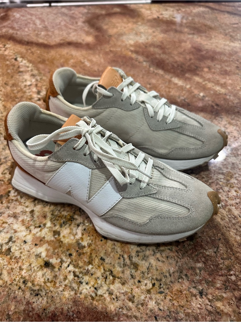 New Balance beige gray white athletic sneakers with tan accents